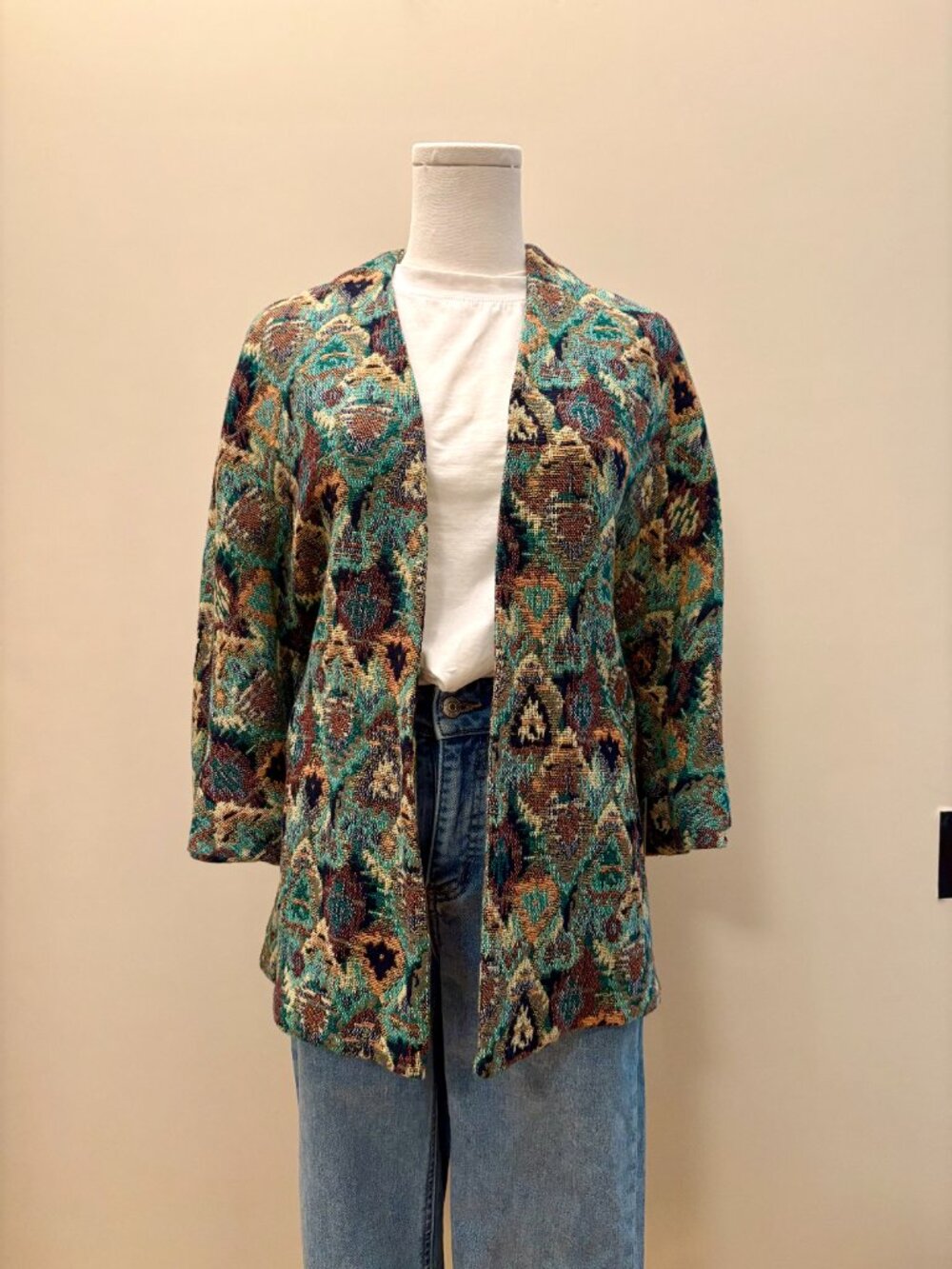Zara Open Front Jacket Jacquard Green Multicolored
